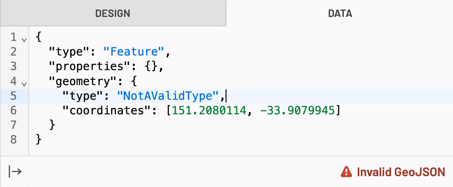 Editor showing a GeoJSON layer with bad data