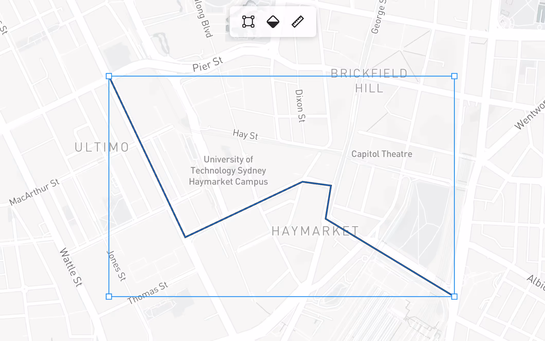 Selection box around a path layer in Sydney