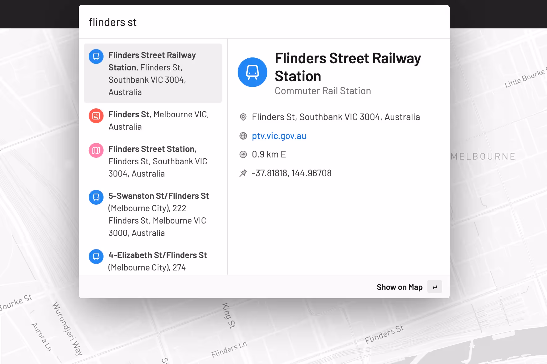 Turbomaps places search user interface showing a number of results