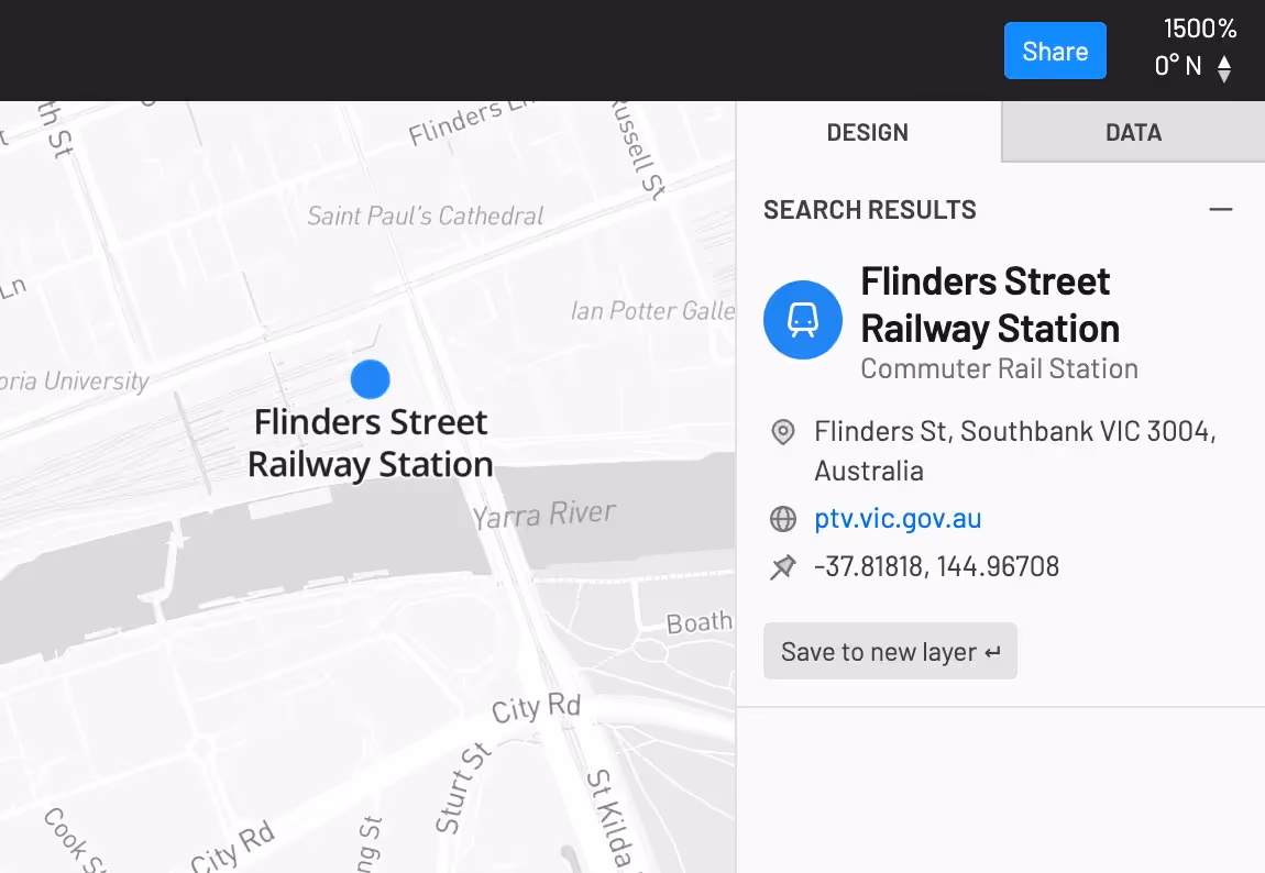 Turbomaps UI showing Flinders St railway station as a selected search result